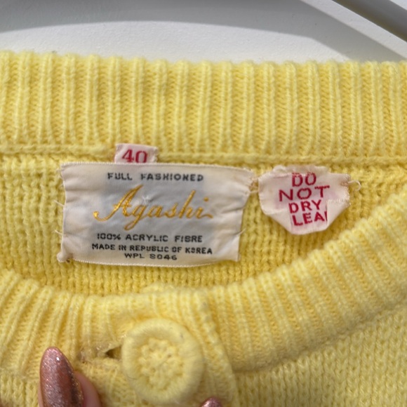 Vintage Agashi Yellow Floral Rosette Knit Button Up Cardigan Sweater - Picture 3 of 6